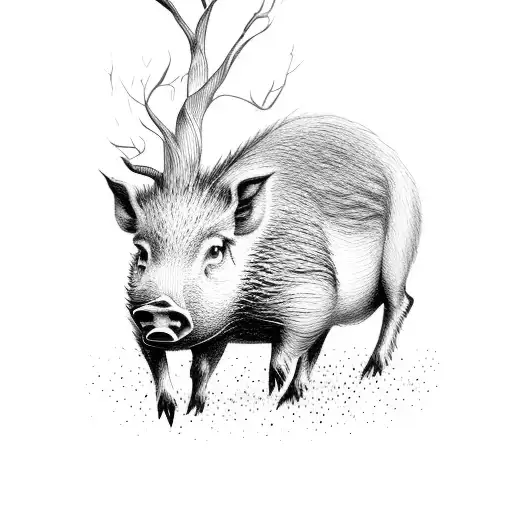Wild Boar With Tree And Roots Blended