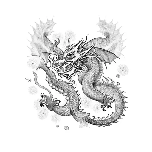 Dragon With Swirling Body Surrounded By Cherry Blossoms And It's Petals