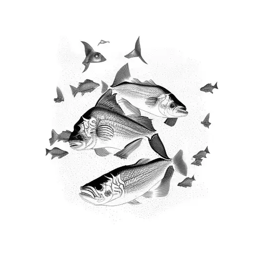 A School Of 5 Large Fish Swimming For Top View