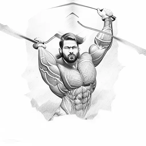A Muscular Figure Lifting A Mountain With Rays Of Light Shining From Behind