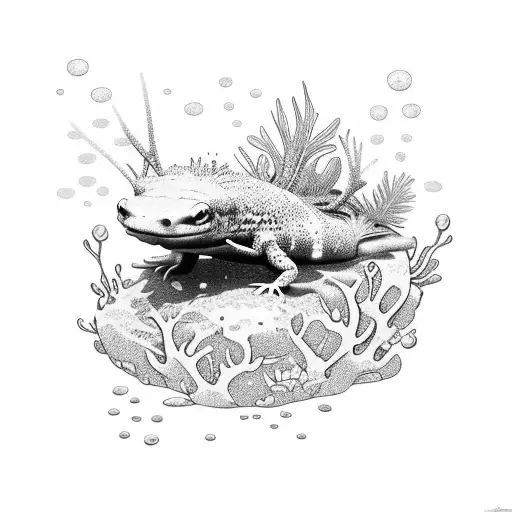 An Axolotl Surrounded By Vibrant Nature Elements In A Dotwork Style