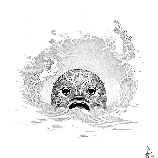 A Daruma Doll Emerging From A Wave With Koi Fish Swimming Around It