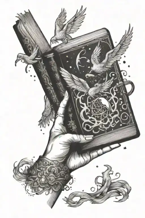 Female Hands Hold Open A Book With Magical Creatures Coming Out Of The Book