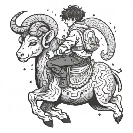 A Playful Anime Version Of Emilio Riding On The Back Of A Cosmic Ram Symbolizing Aries Energy