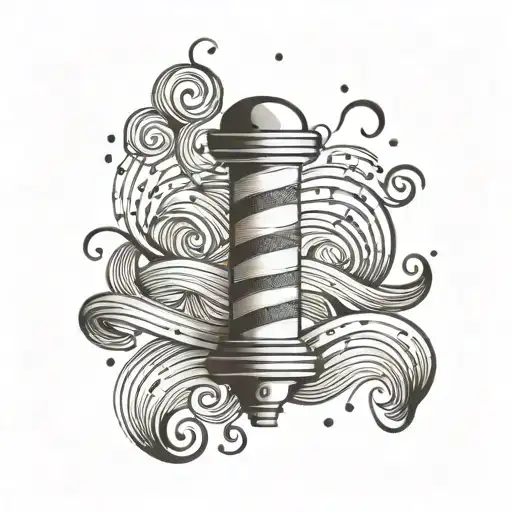 A Barbershop Pole Entwined With Musical Staff Lines And Waves Crashing On The Beach