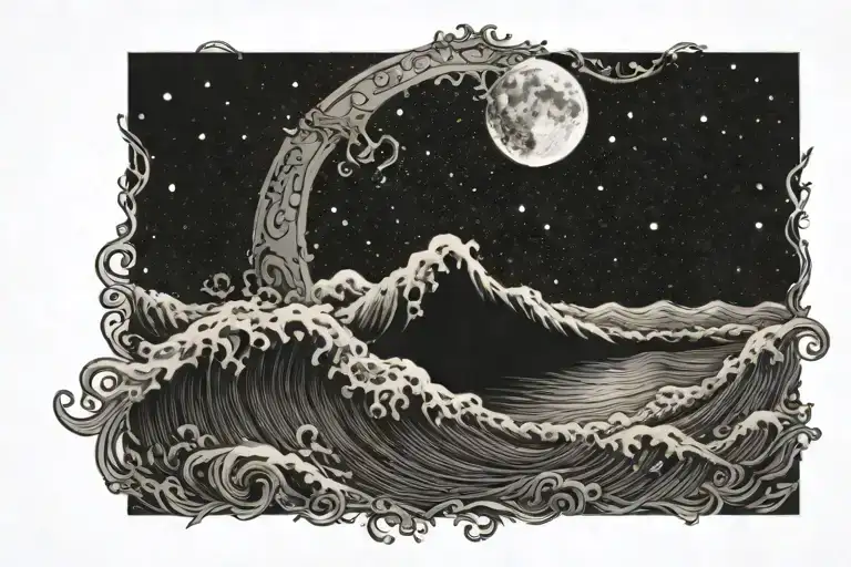 An Intricate Design Of The Moon Surrounded By Swirling Ocean Waves