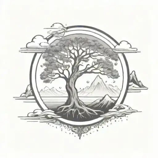 Tree Of Life In A Circle With Mountains In The Background And Sun Shading Around The Outside