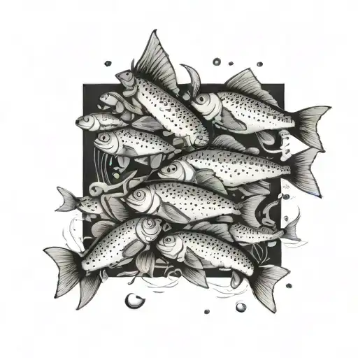 A School Of Fish Swimming Around A Stack Of Money In A River Scene