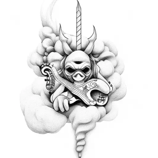 A Music-inspired Tattoo With A Devil Playing A Guitar Surrounded By Smoke And Waves