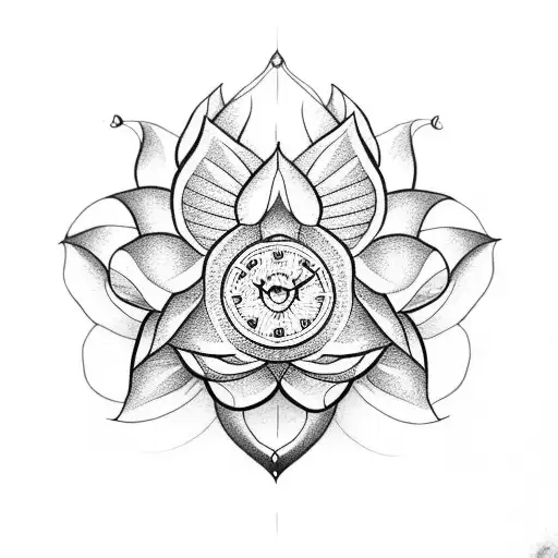 Lotus Flower With Pocket Watch And Hummingbird