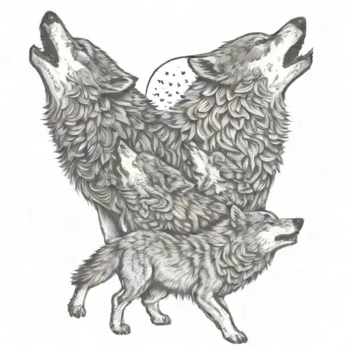 A Pack Of Wolves Howling At The Moon In A Dotwork Style