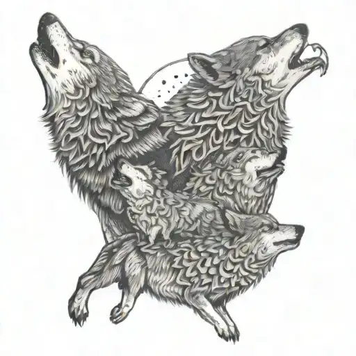 A Pack Of Wolves Howling At The Moon In A Dotwork Style