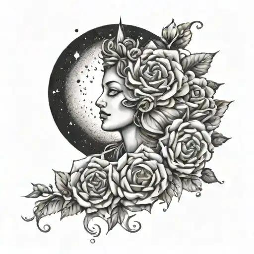 A Sculptural Design Of The Moon Goddess With Roses Blooming At Her Feet