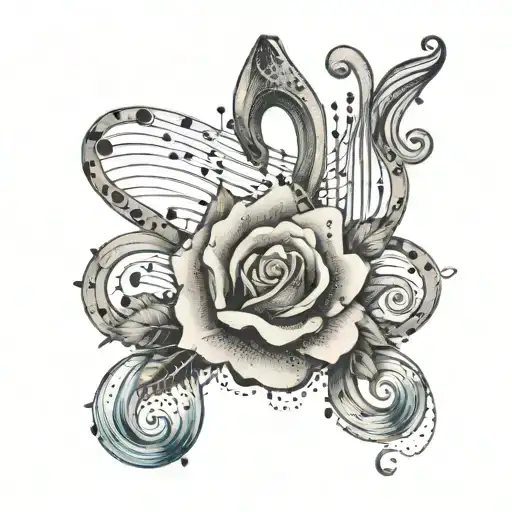 An Intricate Design Of A Music Note Intertwined With A Rose And Ocean Waves