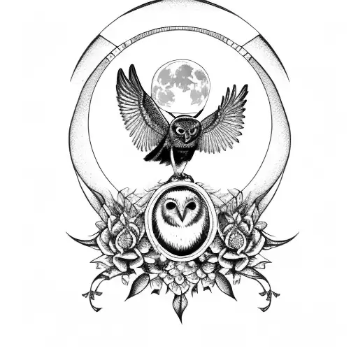An Owl And Raven On Top Of An Hourglass With A Full Moon Within An Oval Frame Of Vines With 7 Lilies