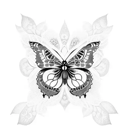 A Dotwork Tattoo Of A Butterfly Perched On A Branch With Intricate Floral Patterns