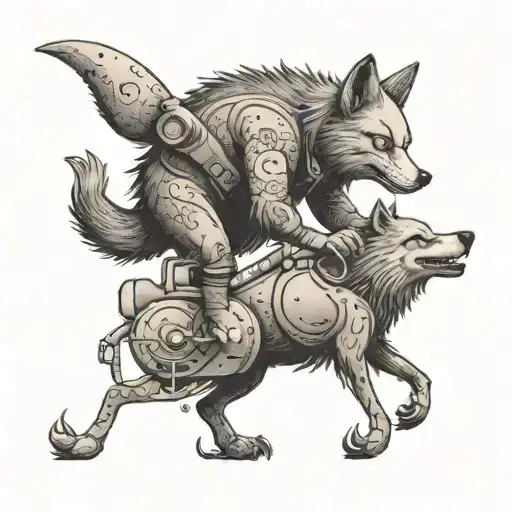 A Whimsical Cartoon Character Interacting With A Wolf In A Walk-cycle