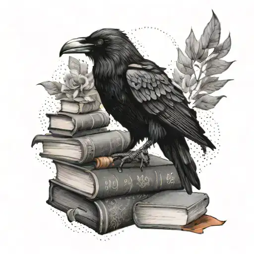 A Raven Perched On A Stack Of Books With Intricate Dotwork Details