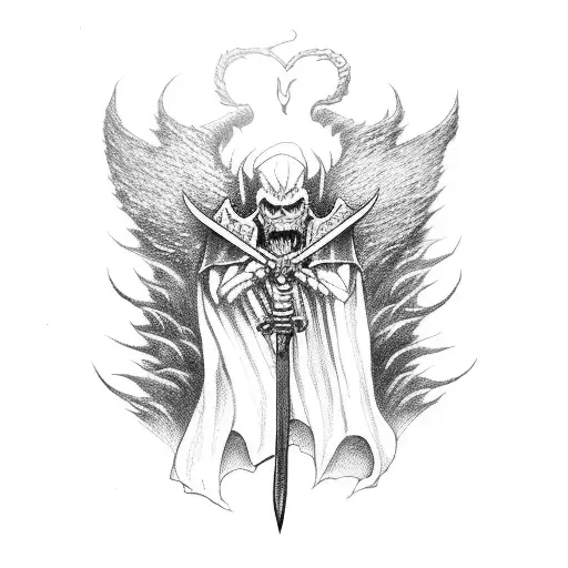 A Monster Like Demon With An Axe Defeating An Angel With A Sword And Shield Midair In A Stormy Night