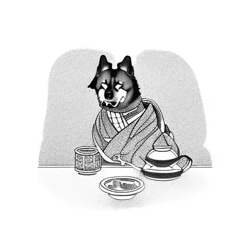 A Traditional Japanese Tea Ceremony Scene With A Dog As The Host