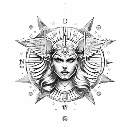 Beautiful Female Valkyrie Head In Front Of A Nordic Compass In Snowy Weather
