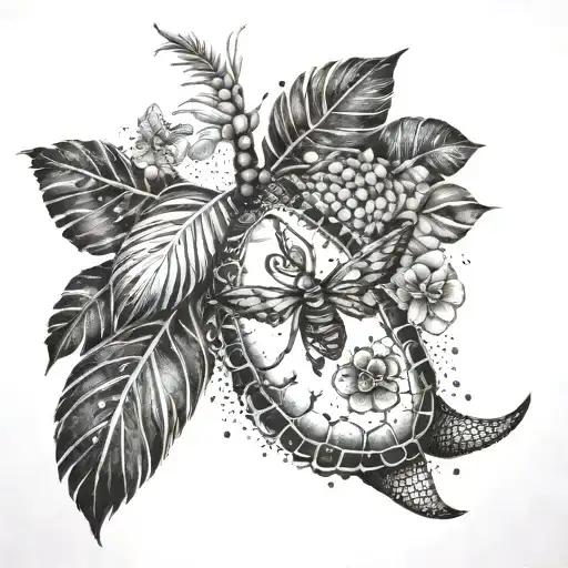 A Palm Tree Which Covers Around A Butterfly And A Sea Turtle