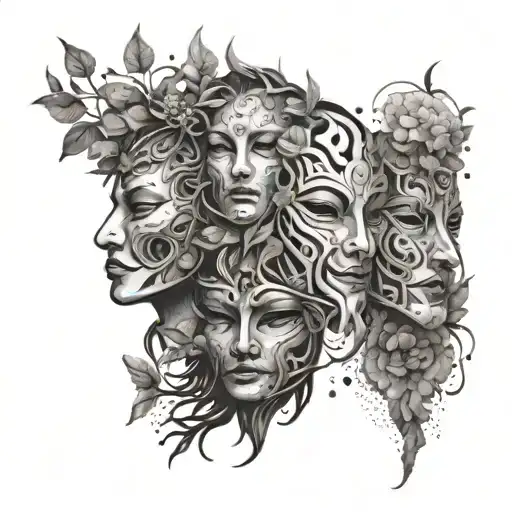 An Intricate Tattoo Of Human Masks Facing The Universe Surrounded By Elements Of Nature