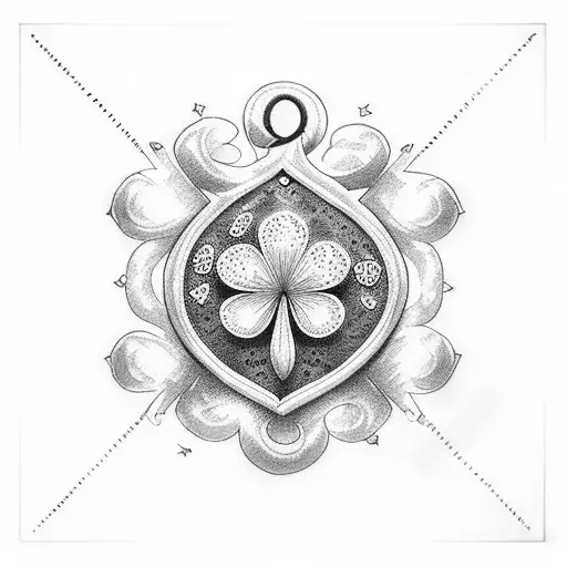 A Dotwork Tattoo Of A Stylized Jack Of Hearts Surrounded By Five Leaf Clovers