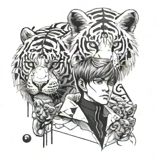 A Stylized Portrait Of Ken Kaneki Surrounded By Gaming Symbols And A Tiger Silhouette