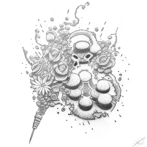 A Dotwork Tattoo Of A Gaming Character Engaged In A Passionate Embrace With A Weed Plant