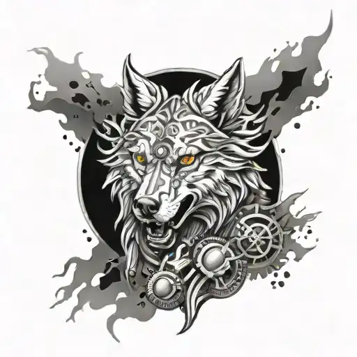 A Mythical Fire Wolf Surrounded By War Equipment