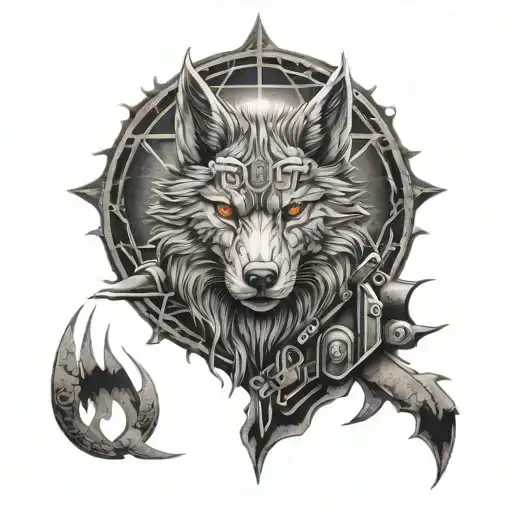 A Mythical Fire Wolf Surrounded By War Equipment