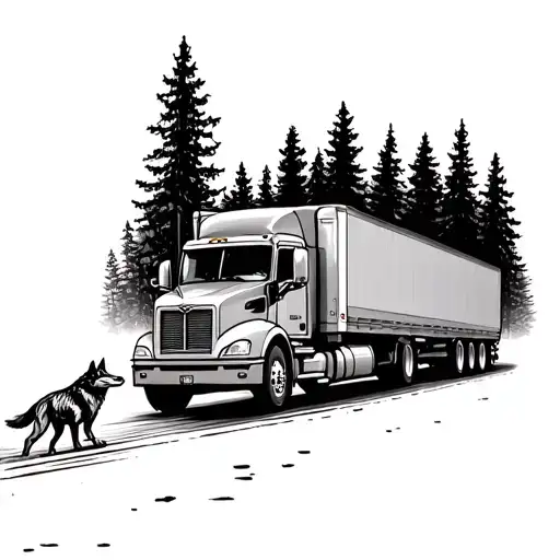 A Semi Truck Driving Through A Forest With A Wolf Running Alongside In Dotwork Style