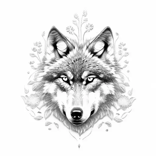 Wolf With Flowers Microrealism