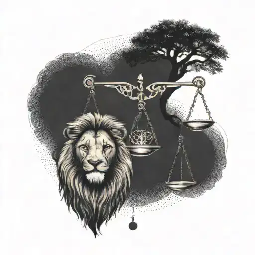 Lion Head And Justice Scales With Life Tree Emerging