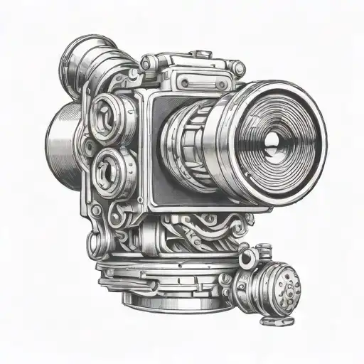 Create A Surreal Tattoo Design Featuring A Phone Camera Lens Morphing Into A Car Engine