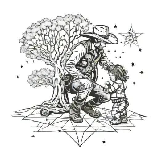 Cowboy Kneeling Down With A Little Girl Running To Him Underneath A Tree And Stars
