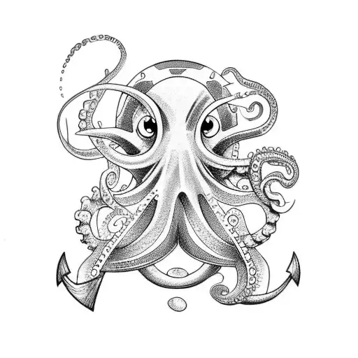 Design A Water-themed Tattoo Incorporating An Octopus Grabbing An Anchor