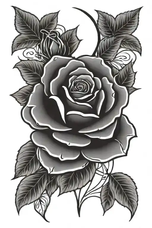 Line Art Tattoo - Rose And Moon Combo For Mandala