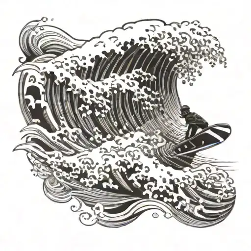 A Wave Crashing Onto A Beach With A Snowboarder Catching A Wave In The Background