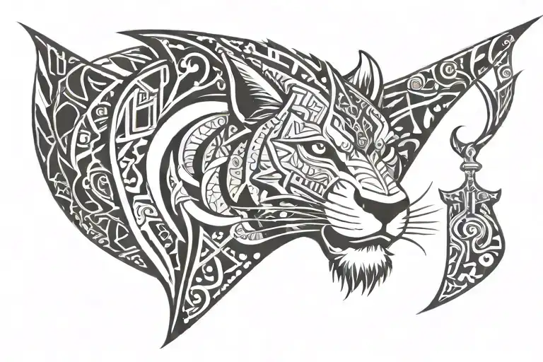Polynesian Style With Lion Wearing Manta Ray Crown With Two Hammer Head Shark Below