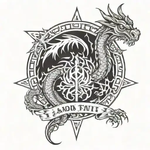 In Black And White Style Small Dragon With Flame And Text Amor Fati
