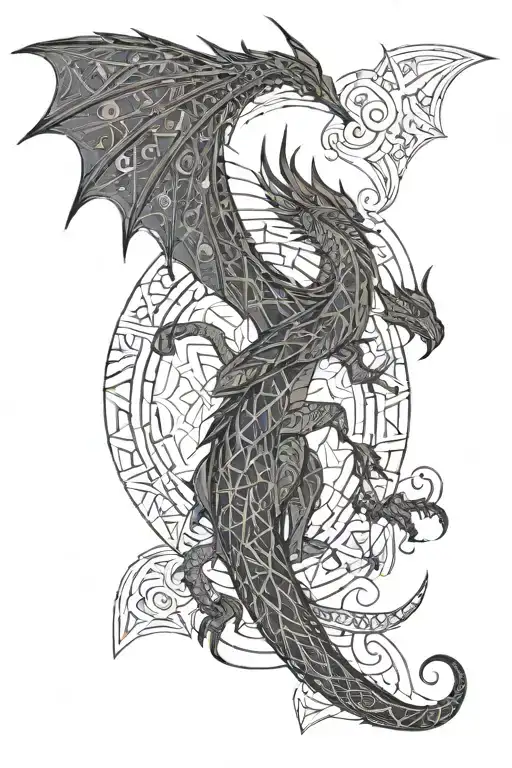 Geometric Dragon With Wings Spread Inclusive Or The Names Of Erin And Scarlett With Moons And Stars