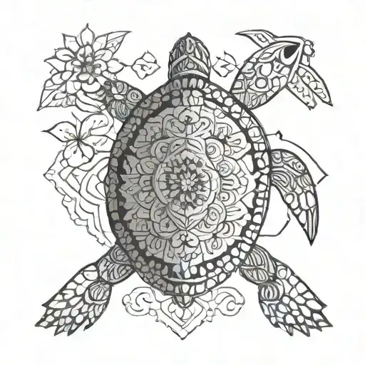 Small Turtle Mix With Flower And Mandala