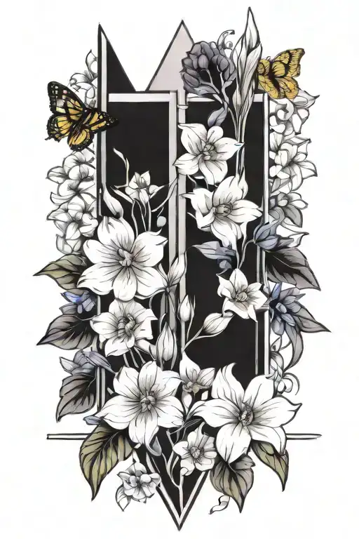 An Arrow Surrounded By Violets And Daffodils