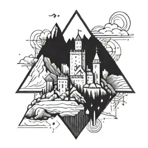 A Triangle Which Has Inside A Mountain With A Castle On It Peak