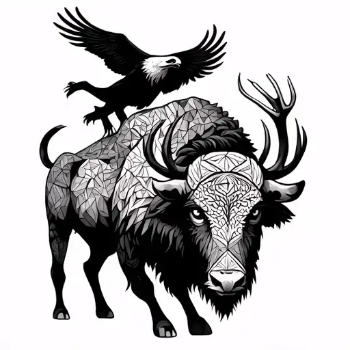 Buffalo Running Alongside Eagle And Deer