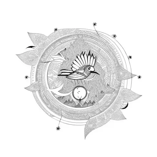 Straight Line Tatoo With Sun Moon Mountain Tree Wave Bird