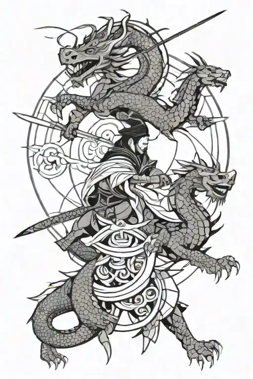 Samurai And Dragon And Sun