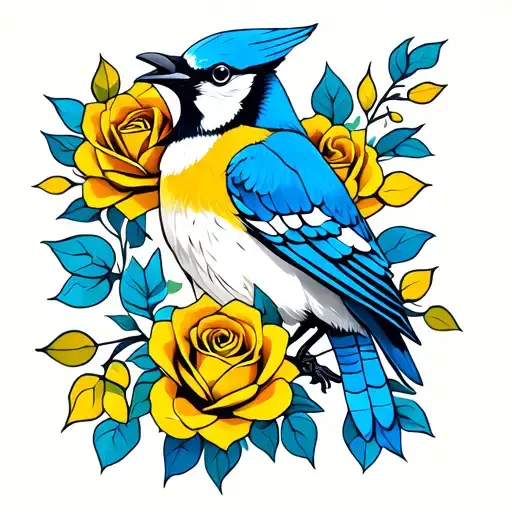 Tribal Blue Jay With Yellow Rose